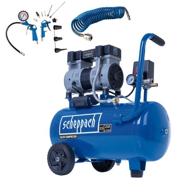 Scheppach HC26Si Silent Air Compressor, 1100W, 24L, 8 Bar, 230L/min,13pc Accessory Kit